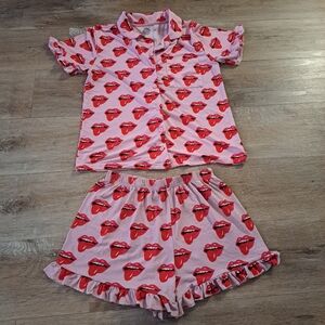 Fashion Nova 'You Wish' Pink Red Lips Graphic Pajamas Set Ruffled Trim Women's S